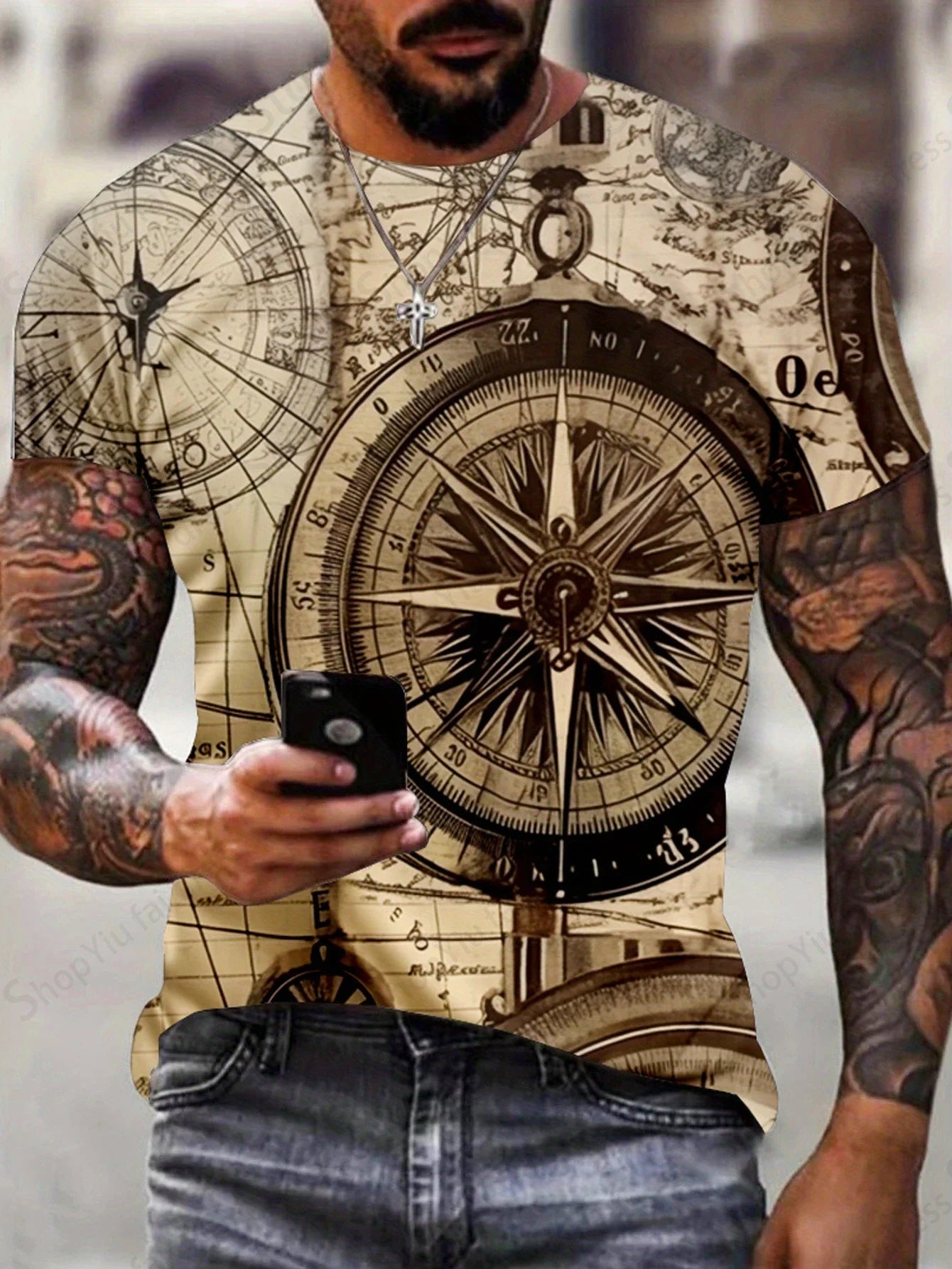 Camiseta Masculina Estampa 3D Bússola Vintage – Estilo e Aventura em Uma Só Peça