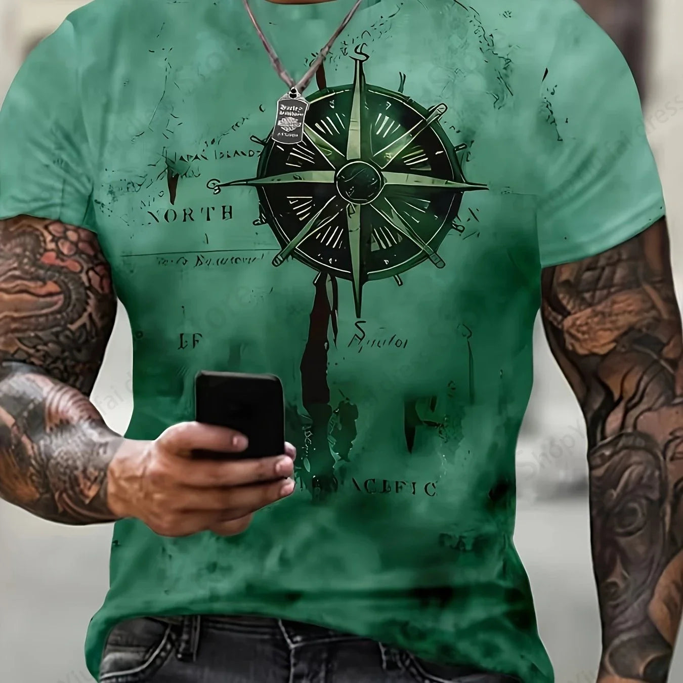 Camiseta Masculina Estampa 3D Bússola Vintage – Estilo e Aventura em Uma Só Peça