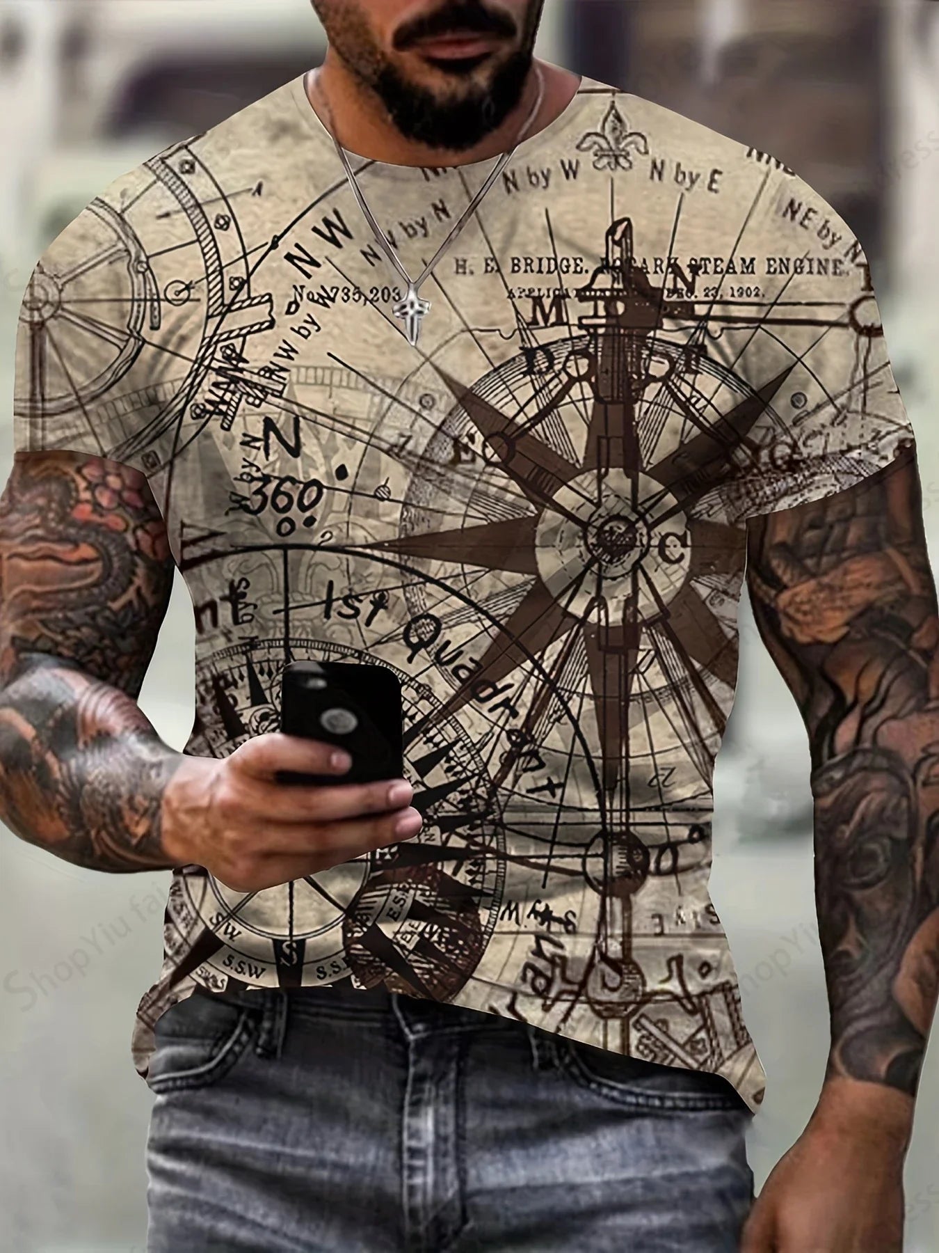 Camiseta Masculina Estampa 3D Bússola Vintage – Estilo e Aventura em Uma Só Peça