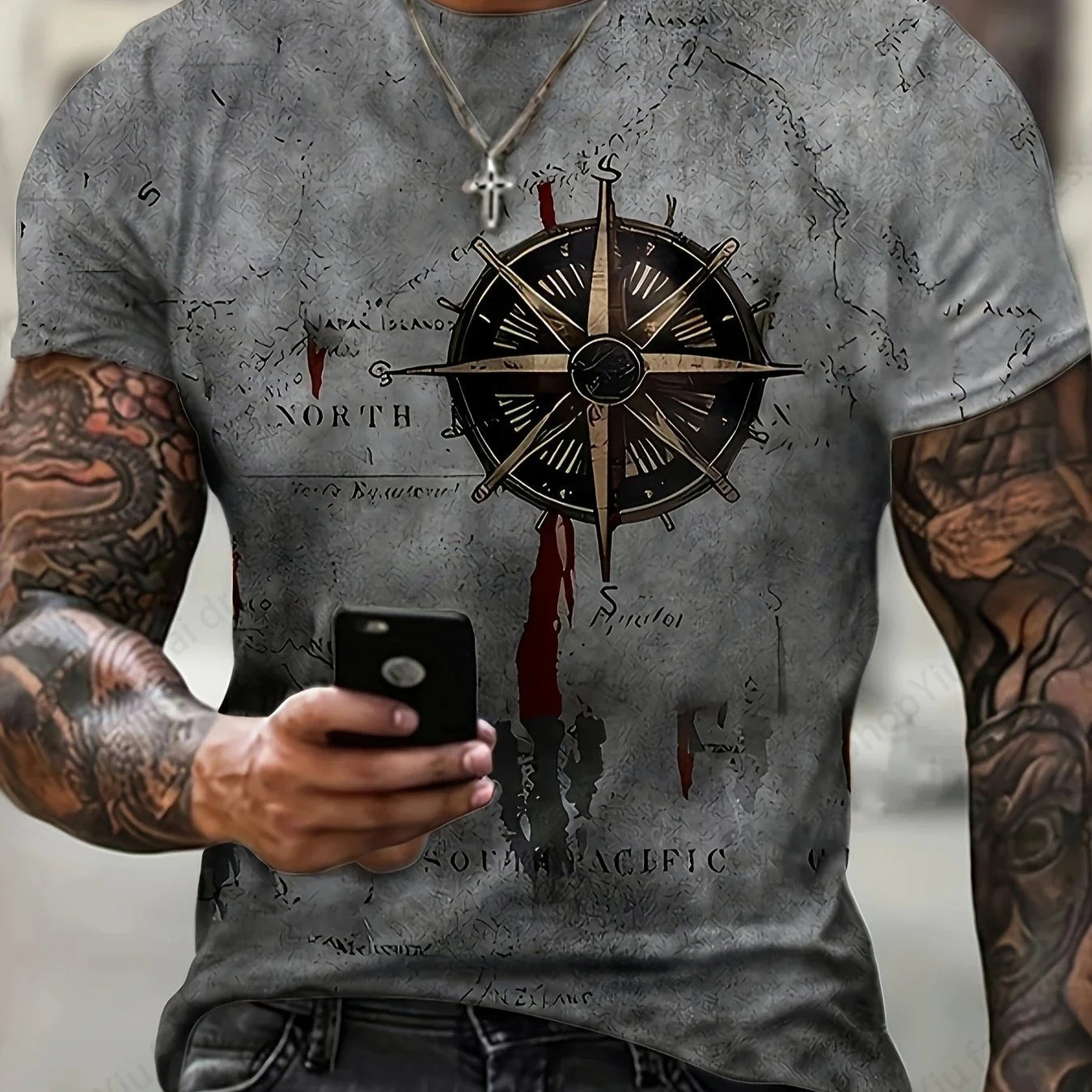Camiseta Masculina Estampa 3D Bússola Vintage – Estilo e Aventura em Uma Só Peça