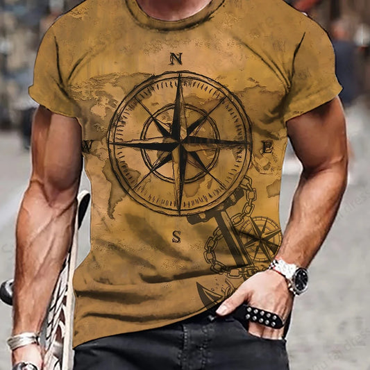 Camiseta Masculina Estampa 3D Bússola Vintage – Estilo e Aventura em Uma Só Peça