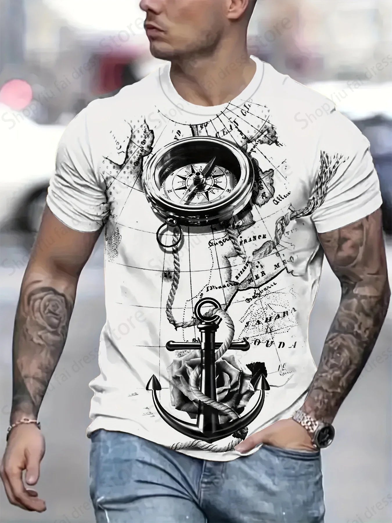 Camiseta Masculina Estampa 3D Bússola Vintage – Estilo e Aventura em Uma Só Peça