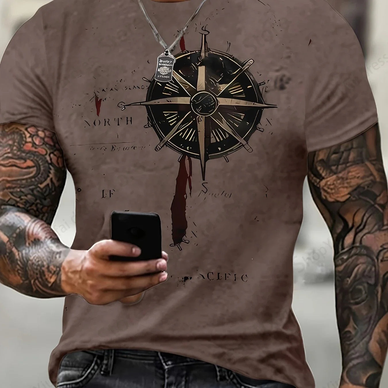 Camiseta Masculina Estampa 3D Bússola Vintage – Estilo e Aventura em Uma Só Peça